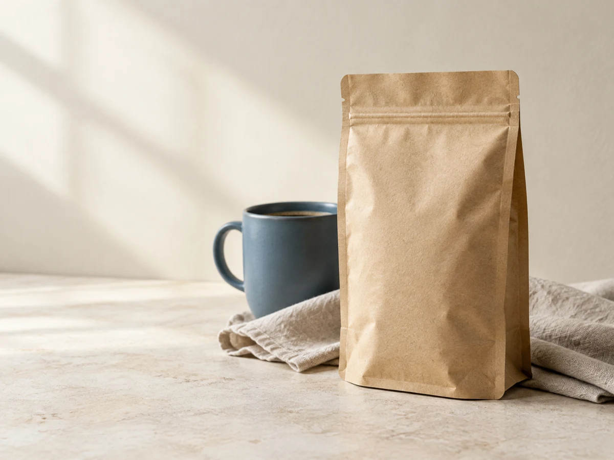 AI-generated still life of a plain kraft coffee pouch, a blue cup and linen in warm natural light.