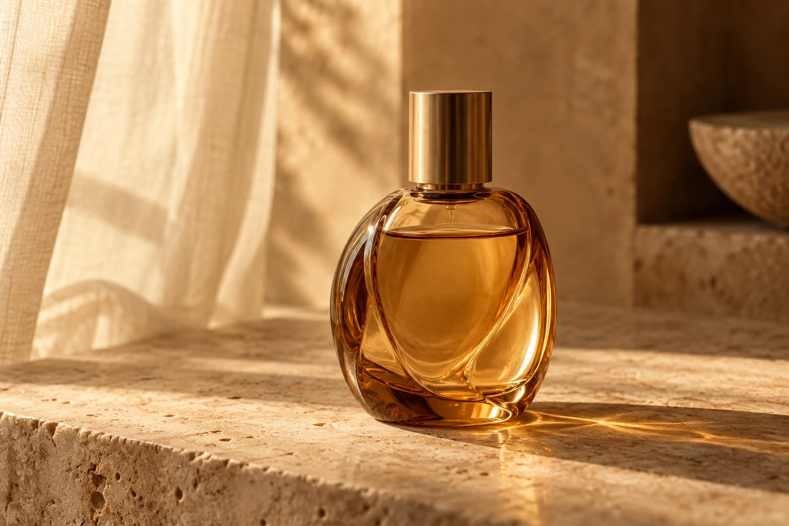 Fictional amber perfume bottle with warm side lighting and a cream stone surface